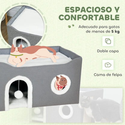 Pawhut Foldable Cat House with Scratching Post 3 Entrances Hanging Ball Reversible Cushion in Plush and Linen Type 60X40X34 cm Gray