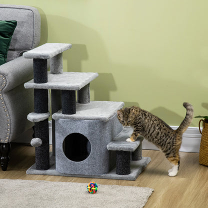Pawhut Pawhut 4-Step Cat Stairs Adjustable Pet Step with Cave and Hanging Ball 60X40X66 cm Gray