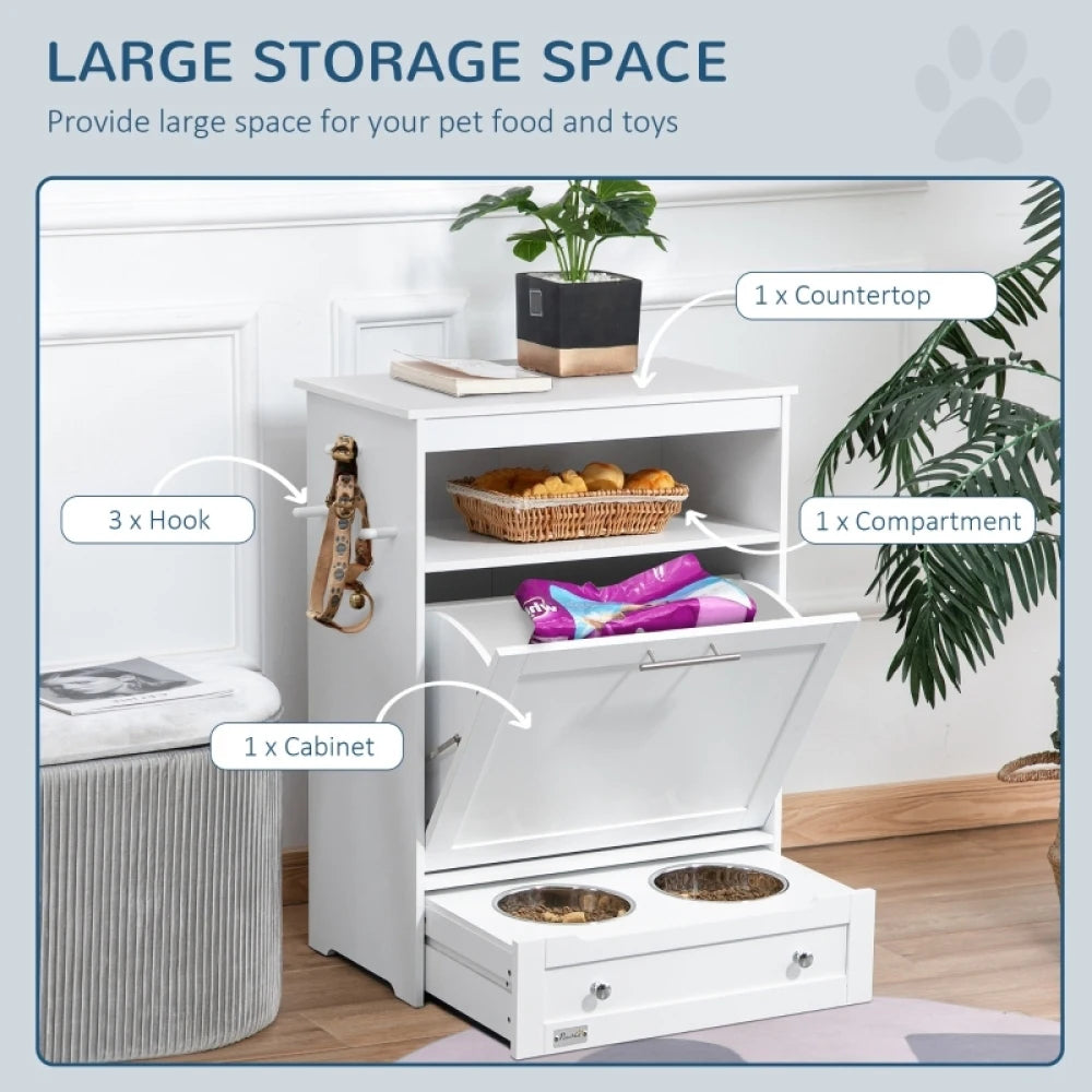 PINGGO Pet Feeder Station, Dog, Cat Storage Container, with Raised Bowls, Hanger, Cabinet Versatile and Easy to Manage - White