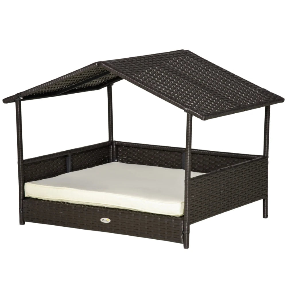 PINGGO Wicker Dog House, Rattan Pet Bed, with Removable Cushion, Canopy, for Small and Medium Dogs - Cream