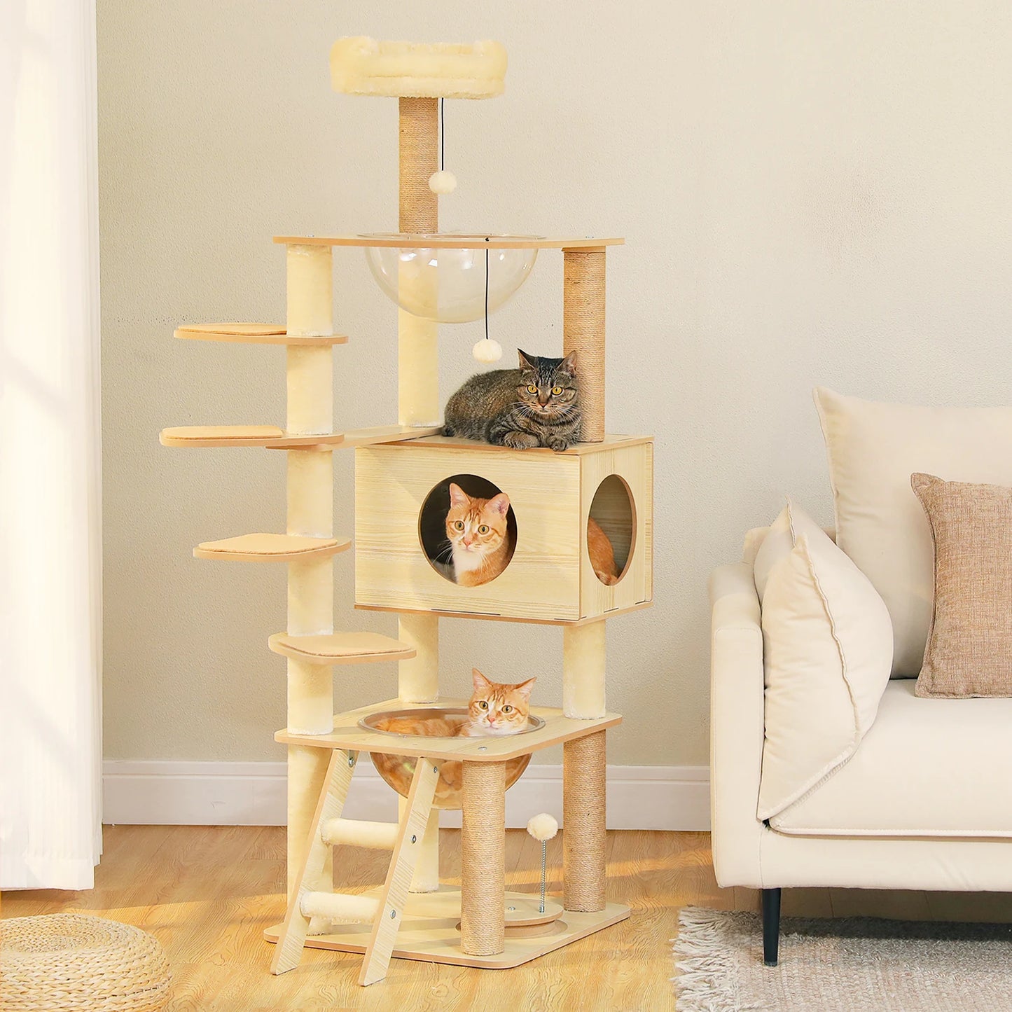 Wood Cat Tree with Spacious Condo Cozy Hammock Sisal Scratching Posts Multi-Level Tall Cat Tower for Indoor Large Cat Furniture