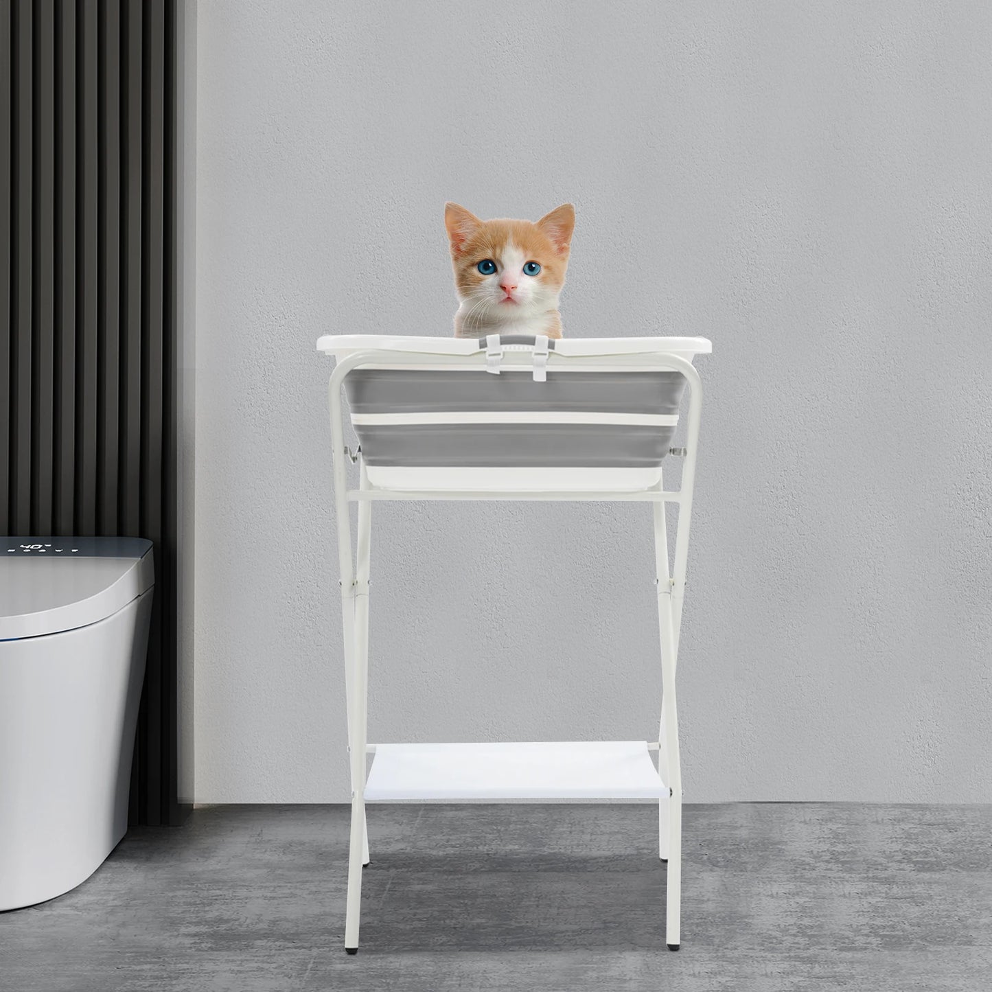 Foldable Small Pet Bathtub with Stand And Drainage Tube - Safety Belt Smooth Edge Storage Rack for Easy Cleaning And Use