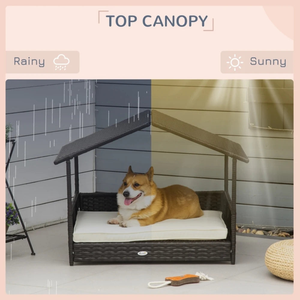 PINGGO Wicker Dog House, Rattan Pet Bed, with Removable Cushion, Canopy, for Small and Medium Dogs - Cream