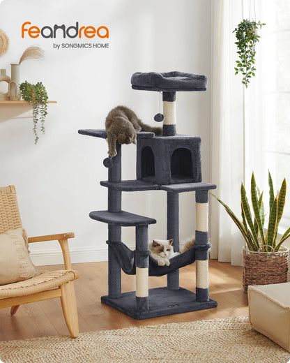 Feandrea scratching post, 143 cm high, cat tree, multi-storey cat house, with 4 scratching pillars, 2 platforms, hammock, Cave
