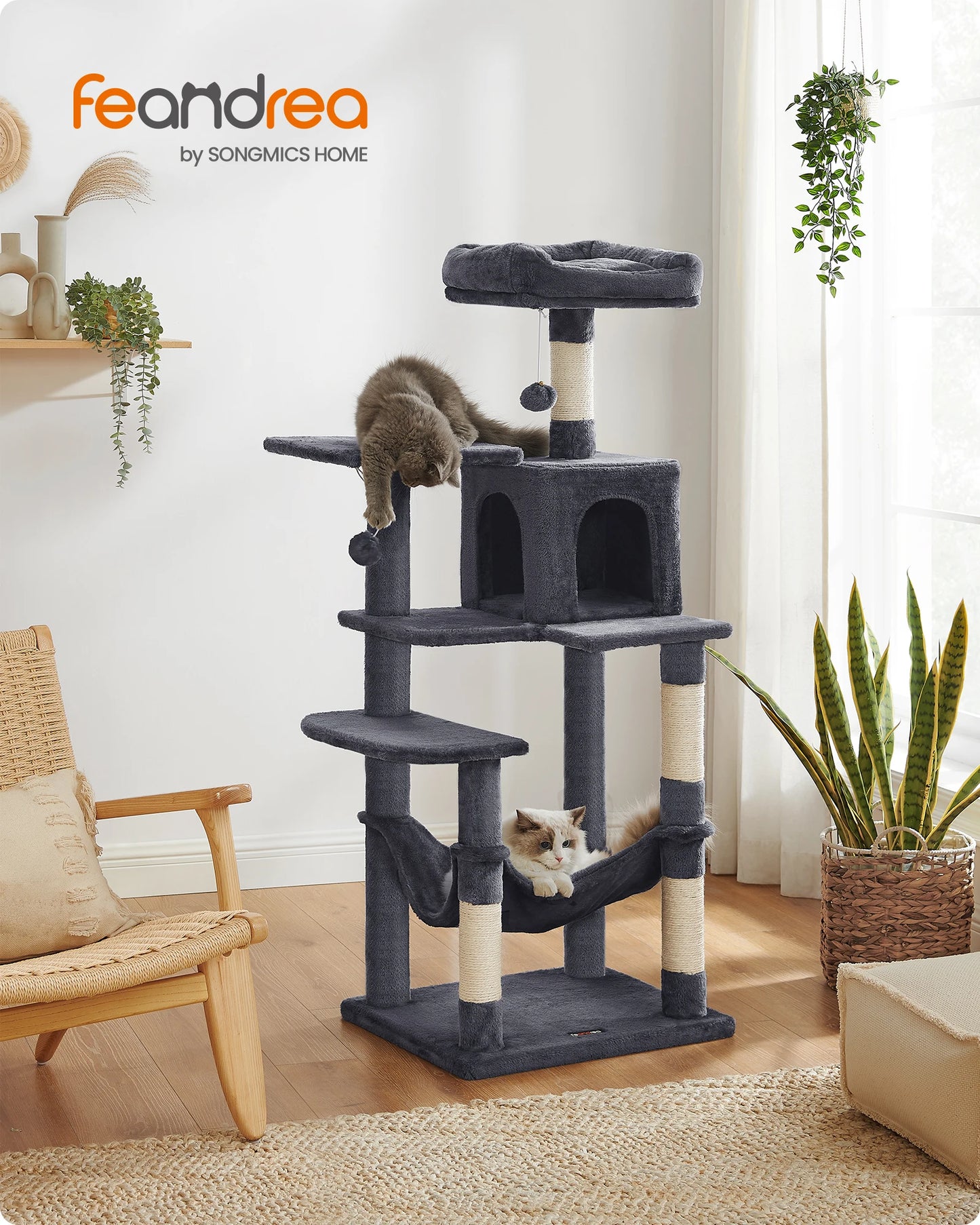 Feandrea scratching post, 143 cm high, cat tree, multi-storey cat house, with 4 scratching pillars, 2 platforms, hammock, Cave