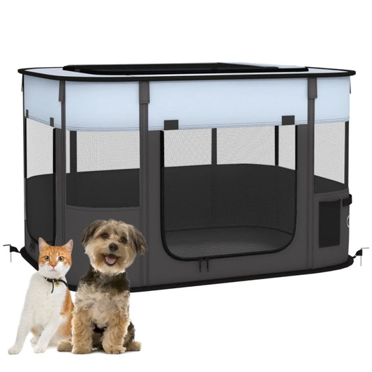 PINGGO Foldable Dog Pen with Storage Bag for Indoor/Outdoor Use, Portable Pet playpen, with Ground Stakes - Grey