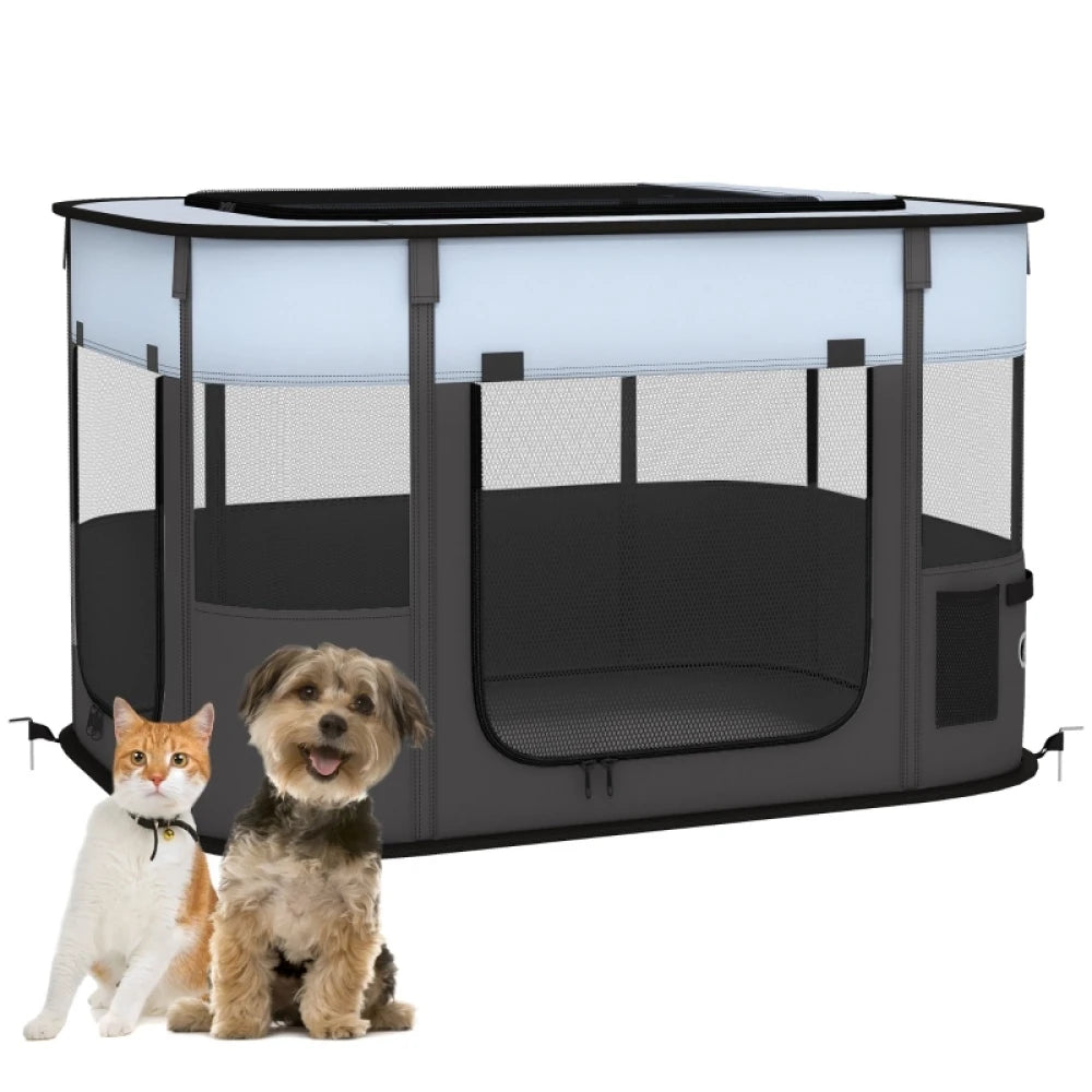 PINGGO Foldable Dog Pen with Storage Bag for Indoor/Outdoor Use, Portable Pet playpen, with Ground Stakes - Grey