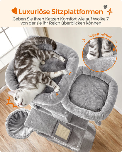 Feandrea scratching post Large, 206 cm High, XXL Cat Tree, with 13 Scratching Pillars, 2 Platforms, 2 Caves Basket hammock Plush balls
