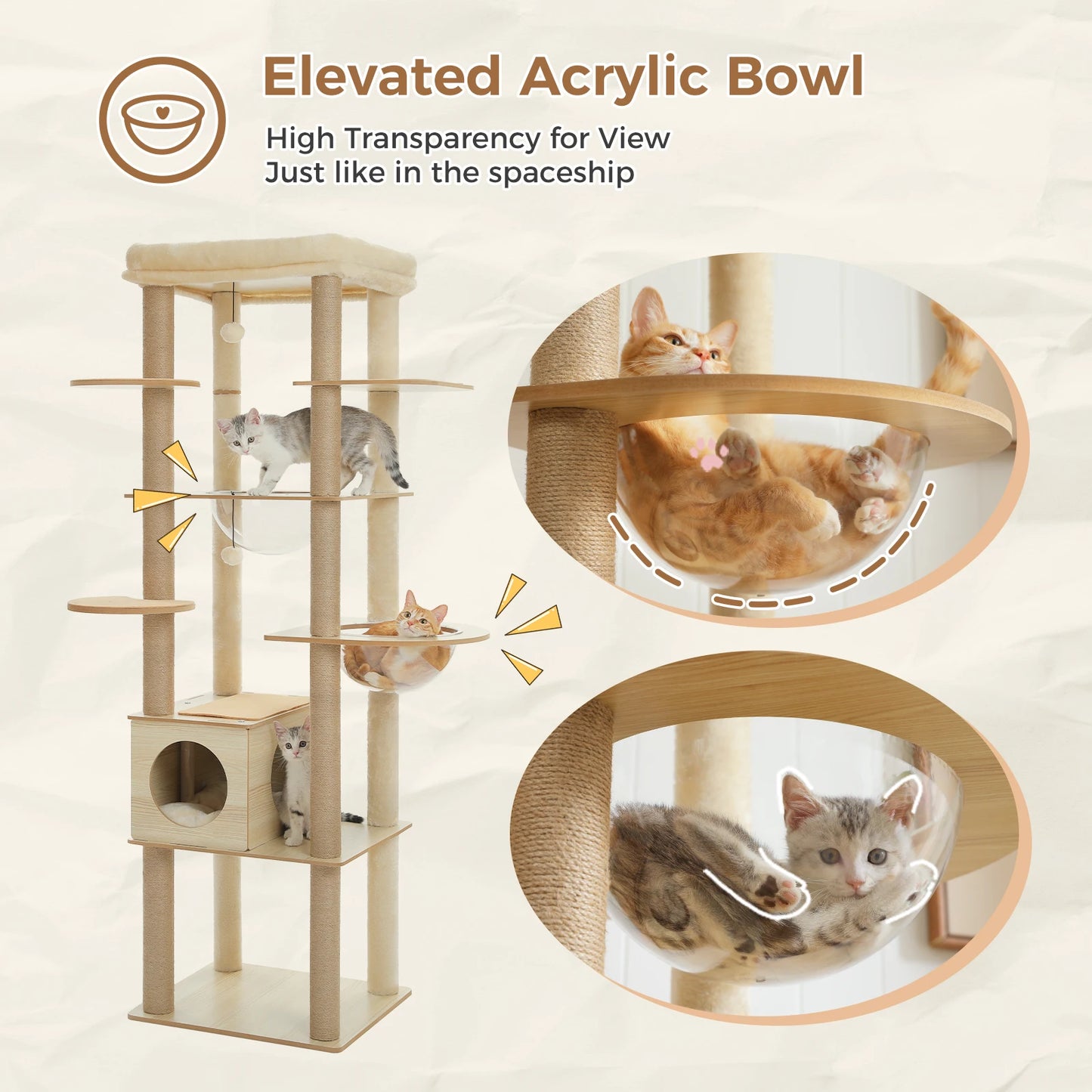 Wood Cat Tree with Spacious Condo Cozy Hammock Sisal Scratching Posts Multi-Level Tall Cat Tower for Indoor Large Cat Furniture