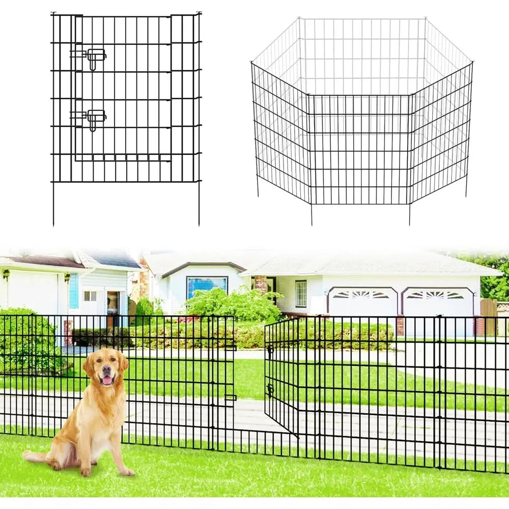 Fence 81cm High x 71cm Wide 4 Panels 1 Gate, Total Length 3.5m No Dig Fence Outdoor Rustproof Metal Pet Dog Animal Barrier Bord