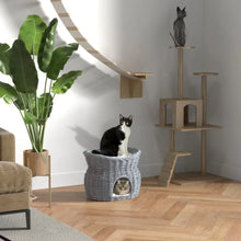 Wicker Cat House – 2-Tier Elevated Cat Bed with Washable Cushions, Pet Basket & Cat Den, 56 × 37 × 40 cm