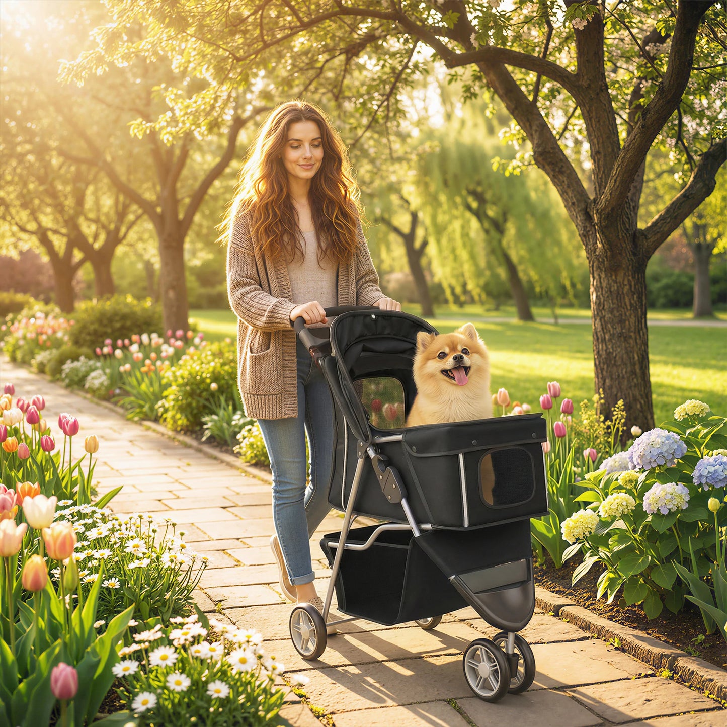Pawhut Stroller for Small Dogs with Storage Basket, Mesh Windows and Safety Belt 77X44X102 cm