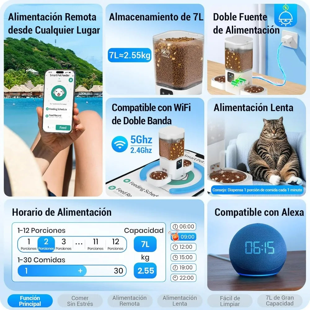 Dual Automatic Cat Feeder WiFi 7L Slow Feeding Pet Food Dispenser with App Control Alexa Compatible for Multiple Pets Detachable