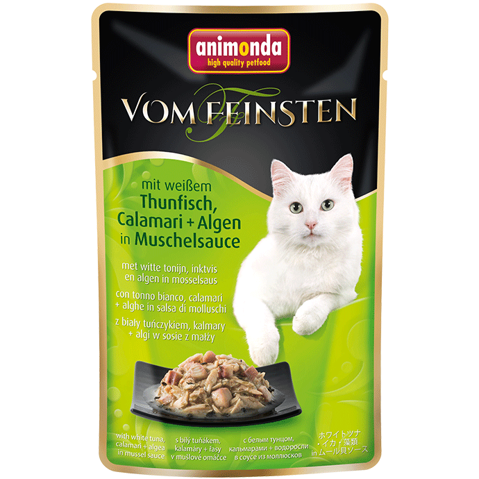 Katzennassfutter vom Feinsten mit Hühnchenfilet & Thunfisch, Calamari + Algen 50g, 18er Pack – Animonda Cat