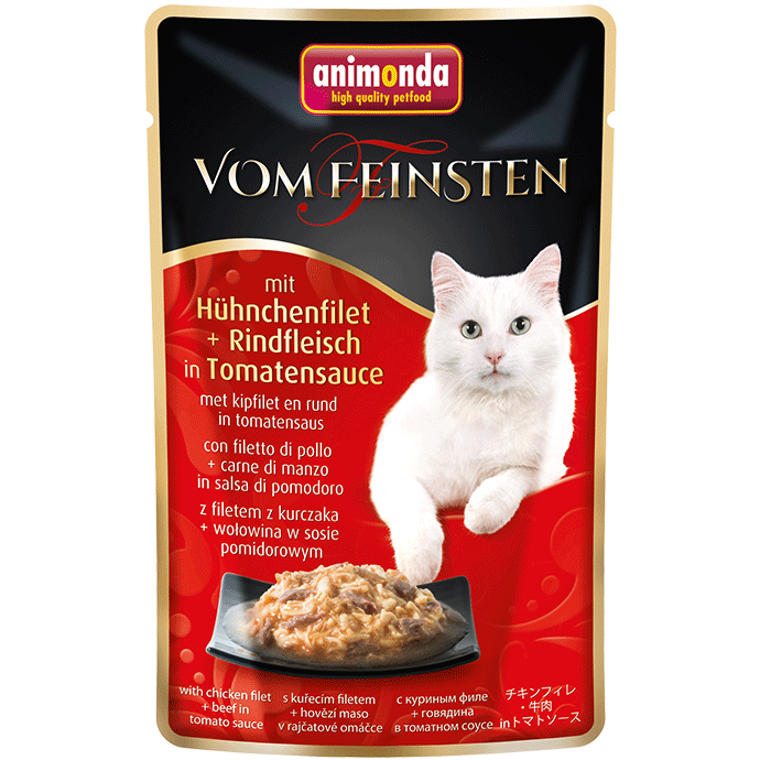 Katzennassfutter vom Feinsten mit Hühnchenfilet & Rindfleisch in Tomatensauce 50g, 18er Pack – Animonda Cat