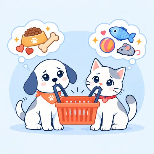 Hund und Katze warten mit einem leeren Einkaufskorb