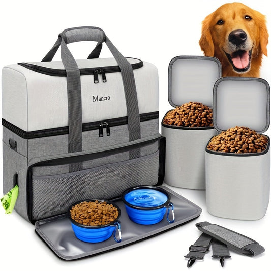 Zweilagige Hunde-Reisetasche mit Näpfen und Dosen