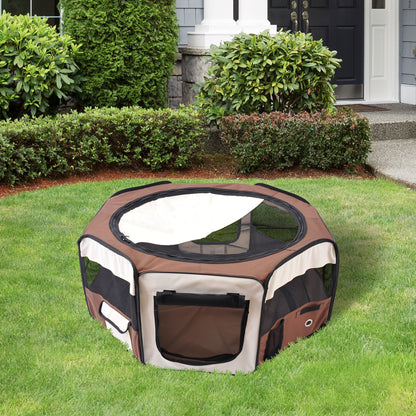 PawHut Portable Cat Dog Playpen Pet Puppy Rabbit Guinea Pig Pen Run Dia 90 X 41H Cm Indoor & Outdoor Brown