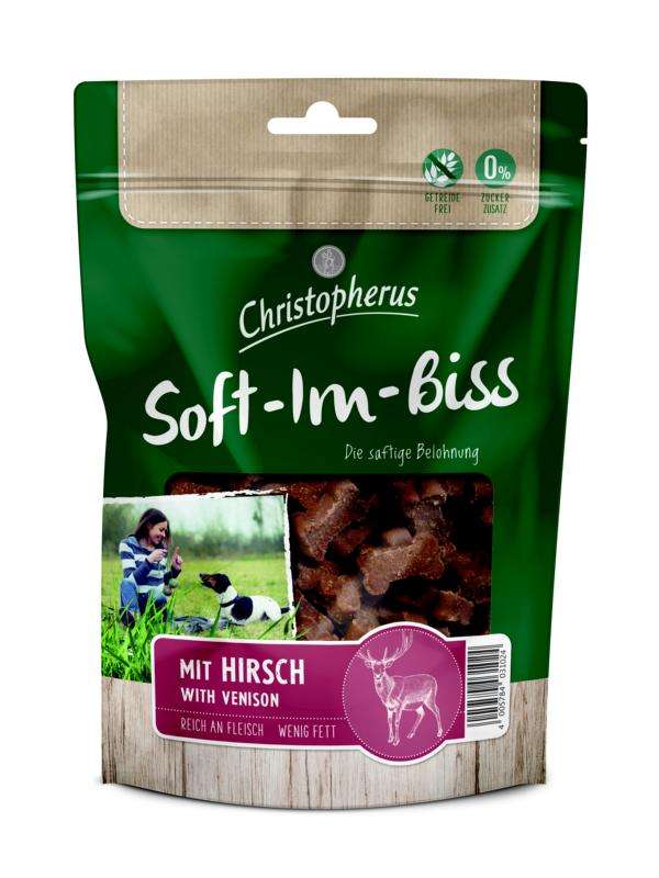 Hundeleckerli Soft-Im-Biss mit Hirsch 125 g, 12er Pack – Christopherus Hund