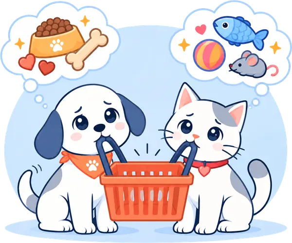 Hund und Katze warten mit einem leeren Einkaufskorb
